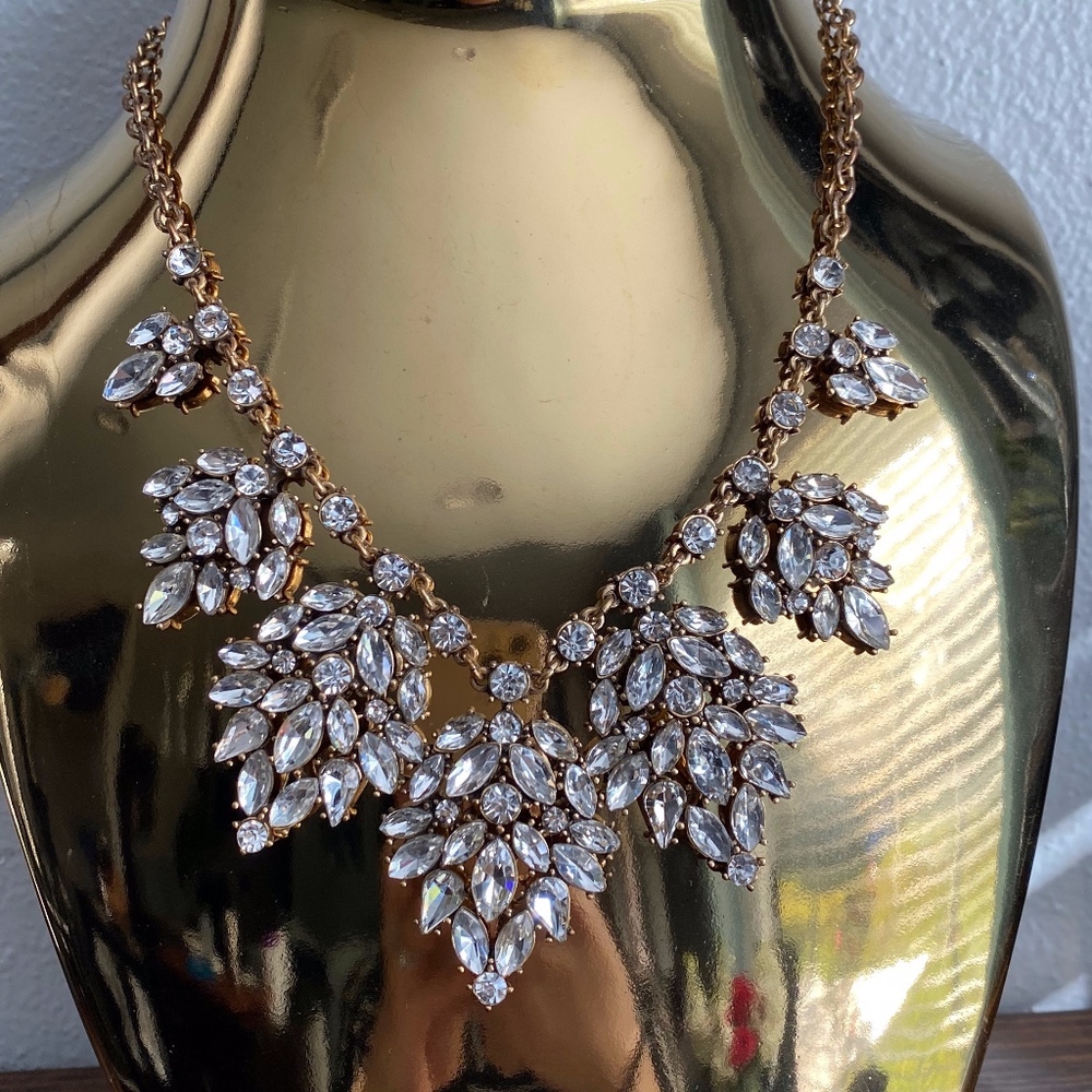 J Crew Large Feather Crystal Gold Necklace